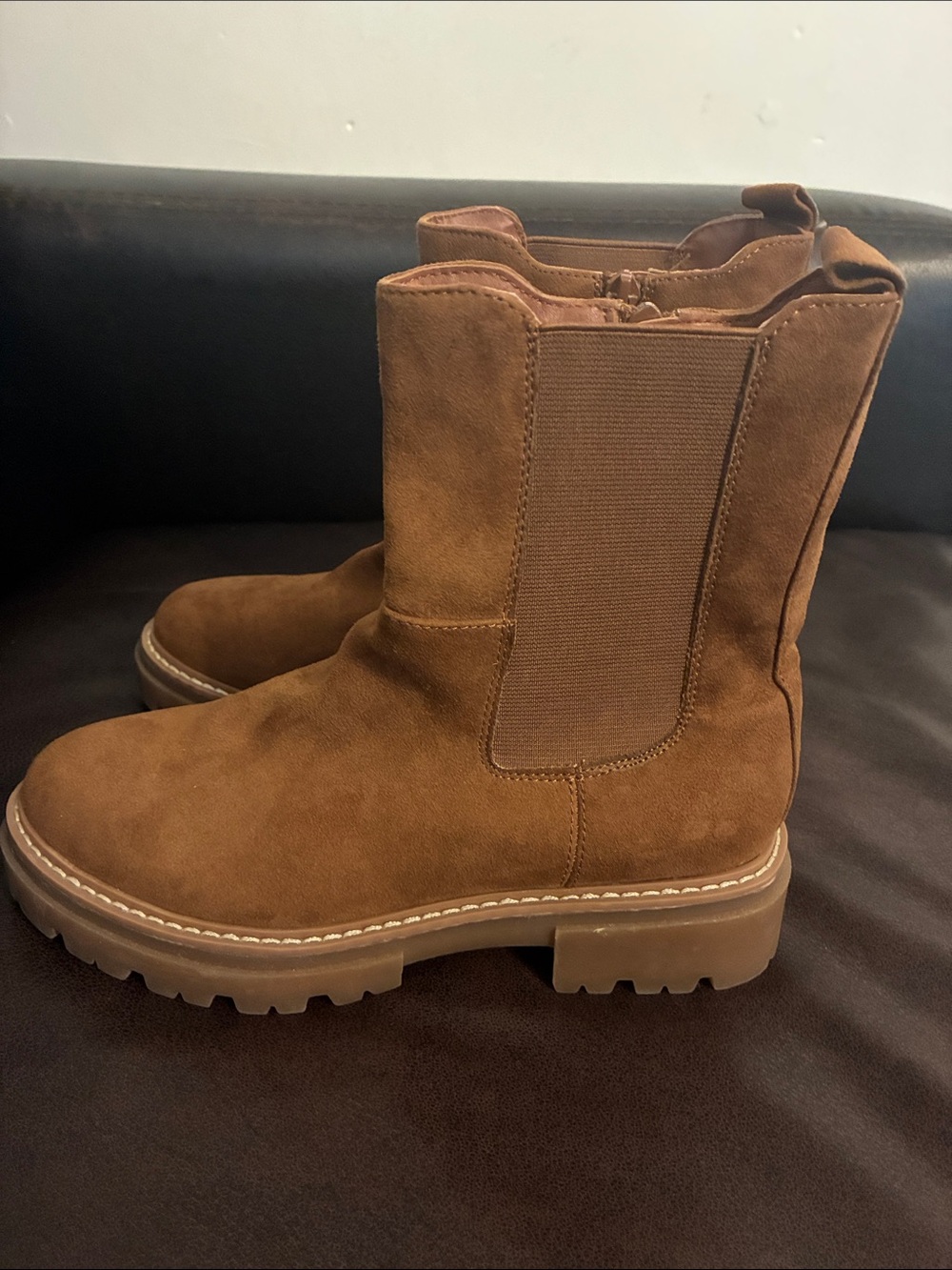 Sun + Stone Brown / Cognac Faux Suede Side Zip Ankle Boots Size 6